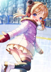 Rule 34 | 1girl, adapted costume, ass, black thighhighs, blonde hair, blue eyes, blurry, blurry background, blush, boots, brown hat, fur collar, hair ribbon, hat, highres, jacket, long sleeves, looking at viewer, miniskirt, mittens, moriya suwako, nora wanko, open mouth, outdoors, purple jacket, red ribbon, ribbon, short hair with long locks, skirt, smile, snow, snowing, solo, thighhighs, touhou, white footwear, winter, yellow skirt