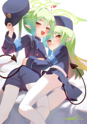 Rule 34 | 2girls, :d, armband, bed sheet, black tail, blue archive, blue armband, blue hat, blue jacket, blue shorts, blue skirt, blush, buttons, closed mouth, commentary request, cropped jacket, demon tail, double-breasted, fang, green hair, green halo, hair between eyes, half-closed eyes, halo, hand on another&#039;s waist, hat, heart, hikari (blue archive), nozomi (blue archive), highres, holding, holding clothes, holding hat, jacket, long hair, looking at viewer, looking back, midriff peek, multiple girls, on bed, open mouth, pantyhose, peaked cap, pleated skirt, pointy ears, raised eyebrows, sakutaishi, shorts, sidelocks, signature, skirt, smile, smirk, tail, twintails, unworn hat, unworn headwear, white background, white pantyhose, yellow eyes