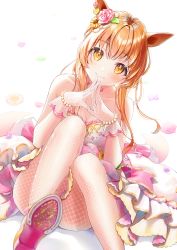 Rule 34 | 1girl, alternate hairstyle, animal ears, collarbone, commentary request, contrapposto, dress, flower, hair flower, hair ornament, highres, horse ears, horse girl, mayano top gun (sunlight bouquet) (umamusume), mayano top gun (umamusume), mikazuki mika, orange hair, shirt, shoes, simple background, sitting, sleeveless, sleeveless shirt, smile, solo, umamusume, wedding dress, white background, yellow eyes