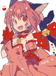 Rule 34 | 1girl, :3, animal ears, arm garter, artist name, auko, bare shoulders, bell, bow, breasts, cat ears, cat tail, claw pose, cleavage, collar, collarbone, color guide, dress, fangs, female focus, hands up, happy, heart, heterochromia, jingle bell, medium breasts, mew ichigo, momomiya ichigo, open mouth, orange eyes, pink dress, pink hair, poke ball symbol, red bow, red eyes, short hair, signature, simple background, smile, solo, standing, strapless, strapless dress, tail, tail bell, tail bow, tail ornament, tokyo mew mew, white background