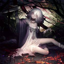 Rule 34 | 1girl, bandages, bare shoulders, blood, book, braid, cape, chain, cinkai, crazy smile, dress, fire, hair over shoulder, highres, jewelry, looking at viewer, necklace, original, pendant, pentagram, pink eyes, ribbon, silver hair, sitting, smile, solo, strapless, strapless dress, torn clothes, torn dress, twin braids, white dress