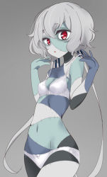 Rule 34 | 1girl, :o, bra, breasts, grey hair, highres, itamochi, konno junko, long hair, looking at viewer, navel, panties, patchwork skin, red eyes, simple background, small breasts, solo, stitched arm, stitched face, stitched leg, stitched torso, stitches, twintails, underwear, underwear only, white bra, white hair, white panties, zombie, zombie land saga