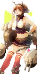 Rule 34 | 10s, 1girl, asuna (i luv), bad id, bad pixiv id, brown hair, chain, gloves, green eyes, headgear, kantai collection, midriff, mutsu (kancolle), navel, short hair, simple background, smile, solo, turret