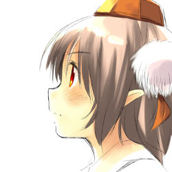Rule 34 | 1girl, blush, brown hair, expressionless, female focus, hat, looking away, looking up, pointy ears, profile, red eyes, shameimaru aya, short hair, simple background, solo, tokin hat, touhou, white background, yudepii