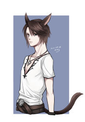 Rule 34 | 1boy, animal ears, belt, belt buckle, black gloves, blue background, blue eyes, brown hair, buckle, cat boy, cat ears, cat tail, commentary request, cropped torso, dated, final fantasy, final fantasy viii, gloves, hiryuu (kana h), jewelry, leather belt, looking to the side, male focus, multiple belts, necklace, scar, scar on face, shirt, short hair, short sleeves, signature, simple background, solo, squall leonhart, tail, upper body, white shirt