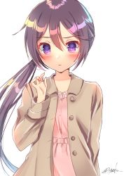 Rule 34 | 10s, 1girl, absurdres, akebono (kancolle), alternate costume, bad id, bad pixiv id, brown jacket, buttons, dress, hair between eyes, highres, jacket, kantai collection, long hair, long sleeves, pink dress, purple eyes, purple hair, side ponytail, signature, simple background, solo, very long hair, white background, yuu zaki