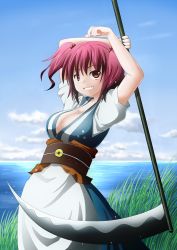 Rule 34 | 1girl, arms up, breasts, cleavage, cloud, dress, female focus, grass, grin, hair bobbles, hair ornament, ki-51, ki-51 (ampullaria), large breasts, onozuka komachi, red eyes, red hair, scythe, smile, solo, touhou, water