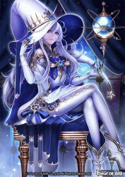 Rule 34 | 1girl, blue eyes, boots, copyright name, crystal ball, curtains, earrings, force of will, gem, gloves, hat, high heel boots, high heels, jewelry, long hair, official art, pantyhose, sitting, solo, sparkle, star (symbol), thighhighs, white hair, wizard hat