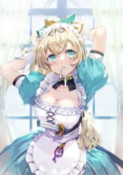 Rule 34 | 1girl, alternate breast size, apron, blonde hair, blue eyes, breasts, cleavage, commentary request, cowboy shot, highres, hololive, holox, indoors, kazama iroha, large breasts, long hair, looking at viewer, maid, maid headdress, mouth hold, oswald musashi, puffy short sleeves, puffy sleeves, ribbon, sheath, sheathed, short sleeves, solo, sword, virtual youtuber, weapon, white ribbon