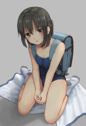Rule 34 | 1girl, backpack, bag, bag charm, bare arms, bare shoulders, between legs, black hair, blue one-piece swimsuit, blush, breasts, brown eyes, charm (object), cleavage, collarbone, commentary request, competition school swimsuit, crescent, drooling, full body, grey background, grey socks, hand between legs, highres, hirose yuki, looking at viewer, one-piece swimsuit, original, own hands together, randoseru, saliva, school swimsuit, short hair, short ponytail, simple background, sitting, small breasts, socks, solo, star (symbol), sweat, swimsuit, towel, wariza