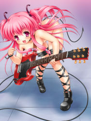 Rule 34 | 10s, 1girl, angel beats!, bent over, boots, demon tail, fang, guitar, instrument, long hair, motonaga hiroya, nude, pink eyes, pink hair, plectrum, tail, twintails, two side up, yui (angel beats!)
