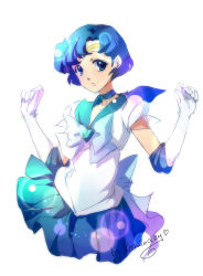 Rule 34 | 1girl, bishoujo senshi sailor moon, blue bow, blue eyes, blue hair, blue sailor collar, bow, brooch, elbow gloves, gloves, heart, heart brooch, highres, jewelry, kaminary, magical girl, matching hair/eyes, mizuno ami, sailor collar, sailor mercury, short hair, signature, sketch, solo, super sailor mercury, white gloves
