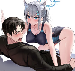 Rule 34 | 1boy, 1girl, animal ear fluff, animal ears, bare arms, bare legs, bare shoulders, black eyes, black hair, black one-piece swimsuit, black shirt, blue archive, blue eyes, blue halo, breasts, closed mouth, collared shirt, competition swimsuit, extra ears, grey hair, halo, highres, medium breasts, medium hair, mismatched pupils, official alternate costume, one-piece swimsuit, open mouth, pants, sensei (blue archive), shiroko (blue archive), shiroko (swimsuit) (blue archive), shirt, short hair, simple background, stone (ksorede), swimsuit, white background, white pants, wolf ears