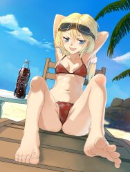 Rule 34 | 1girl, absurdres, armpits, barefoot, beach, bikini, blonde hair, blue eyes, blush, breasts, carla j. luksic, crotch, fang, feet, foreshortening, goggles, goggles on head, highres, knees up, legs, long hair, looking at viewer, navel, noble witches, open mouth, outdoors, pen tsutsuki, red bikini, small breasts, smile, solo, spread toes, swimsuit, toenails, toes, world witches series