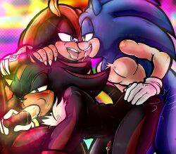 Rule 34 | 3boys, absurdres, anal, blue eyes, blue hair, fellatio, furry, furry male, furry with furry, gloves, green eyes, group sex, highres, male penetrated, mighty the armadillo, multiple boys, oral, precum, red eyes, saliva, saliva trail, shadow the hedgehog, sonic (series), sonic the hedgehog, threesome, toodamncycle, yaoi