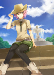 Rule 34 | 1girl, adjusting clothes, adjusting headwear, bad id, bad pixiv id, black pantyhose, boots, brown hair, cloud, day, fashion, fountain, glasses, hat, pantyhose under shorts, original, pantyhose, pink hair, plaid, plaid shirt, prime, purple eyes, shirt, short hair, shorts, sitting, sitting on stairs, sky, solo, stairs, sweater