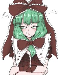 Rule 34 | 1girl, arm ribbon, blunt bangs, bow, frilled bow, frilled ribbon, frills, front ponytail, green eyes, green hair, highres, kagiyama hina, marinne, medium hair, puffy short sleeves, puffy sleeves, red bow, red ribbon, ribbon, short sleeves, simple background, solo, touhou, upper body, white background