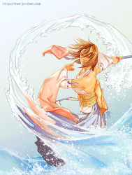 Rule 34 | 00s, 1girl, bare shoulders, brown hair, detached sleeves, female focus, final fantasy, final fantasy x, gradient background, japanese clothes, jo chen, kimono, short hair, solo, staff, water, yuna