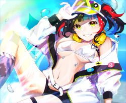 Rule 34 | 1girl, 7 oekaki1025, absurdres, badge, bare shoulders, beach, bikini, black hair, black shorts, blue hair, blue sky, blush, breasts, button badge, cleavage, fate/grand order, fate (series), green hat, grin, hat, headphones, headphones around neck, highres, jacket, large breasts, long hair, long sleeves, looking at viewer, multicolored hair, navel, ocean, off shoulder, open clothes, open jacket, red hair, sei shounagon (fate), sei shounagon (swimsuit berserker) (fate), short shorts, shorts, sidelocks, sky, smile, solo, swimsuit, thigh strap, thighs, twintails, visor cap, w, white bikini, white jacket, yellow eyes