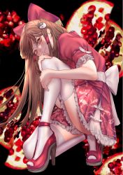 Rule 34 | 1girl, absurdres, alternate costume, ass, back bow, bow, brown eyes, brown hair, closed mouth, food, frilled skirt, frilled sleeves, frills, fruit, hair tubes, hakurei reimu, high heels, highres, hugging own legs, knee up, large bow, long hair, looking at viewer, on one knee, pomegranate, puffy short sleeves, puffy sleeves, red bow, red footwear, red shirt, red skirt, shirt, shoes, short sleeves, sidelocks, skirt, skirt set, smile, solo, strappy heels, thighhighs, thighs, toeless footwear, touhou, white bow, white thighhighs, yamazaki tsukune, yin yang, yin yang hair ornament