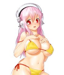 Rule 34 | 1girl, bikini, blush, breast suppress, breasts, headphones, large breasts, long hair, looking at viewer, navel, nitroplus, onsoku inu, open mouth, pink hair, red eyes, shiny skin, simple background, skindentation, smile, solo, strap slip, super sonico, swimsuit, white background, yellow bikini
