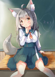 Rule 34 | 1girl, absurdres, ahoge, animal ear fluff, animal ears, blue skirt, blush, braid, breasts, brown eyes, brown necktie, cat ears, cat girl, cat tail, chalkboard, closed mouth, collared shirt, commentary request, desk, dress shirt, feet out of frame, grey hair, hair between eyes, hand up, highres, index finger raised, indoors, long hair, long sleeves, looking at viewer, manabe mana, medium breasts, necktie, on desk, original, pleated skirt, puffy long sleeves, puffy sleeves, school uniform, shirt, short necktie, sitting, on desk, skirt, solo, tail, translation request, very long hair, white shirt