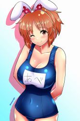 Rule 34 | 1girl, abe nana, animal ears, aqua background, arms behind back, blue one-piece swimsuit, blush, bow, breasts, brown eyes, cleavage, collarbone, covered navel, cowboy shot, fake animal ears, gradient background, hair bow, hair ornament, hair ribbon, highres, idolmaster, idolmaster cinderella girls, large breasts, looking at viewer, name tag, old school swimsuit, one-piece swimsuit, one eye closed, orange hair, polka dot, polka dot bow, ponytail, rabbit ears, red ribbon, ribbon, school swimsuit, shadow, short hair, smile, solo, standing, swimsuit, twitter username, umasan, white background