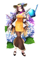 Rule 34 | 1girl, aile (crossroads), apron, bad id, bad pixiv id, black footwear, brown apron, brown hair, brown skirt, closed mouth, copyright request, detached sleeves, fingernails, flower, full body, gradient hair, hat, head tilt, holding, holding watering can, hydrangea, layered sleeves, light brown hair, long hair, long sleeves, looking at viewer, multicolored hair, official art, pinky out, pleated skirt, puffy short sleeves, puffy sleeves, purple flower, red eyes, shears, shirt, shoes, short over long sleeves, short sleeves, simple background, skirt, sleeves past wrists, smile, solo, standing, straw hat, very long hair, watering can, white background, white flower, white shirt