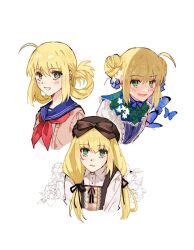 Rule 34 | 1girl, ahoge, appleale19, artoria caster (fate), artoria pendragon (fate), beret, black ribbon, blonde hair, blue ribbon, bow, braid, brown bow, brown headwear, brown sweater, collared shirt, dress, fate/grand order, fate (series), flower, green eyes, hair between eyes, hair ribbon, hat, looking at viewer, multicolored clothes, multicolored dress, necktie, open mouth, ribbon, shirt, smile, sweater, twintails, white background, white dress, white flower, white shirt