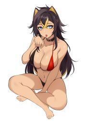 Rule 34 | 1girl, absurdres, azmi yudista, bare arms, bare legs, bare shoulders, barefoot, bikini, black bikini, black choker, blue eyes, breasts, choker, commentary, dark skin, dehya (genshin impact), genshin impact, hair between eyes, hand up, highres, large breasts, legs, long hair, looking at viewer, navel, pointy hair, red bikini, simple background, solo, stomach, swimsuit, thighs, toes, tongue, tongue out, two-tone bikini, very long hair, white background