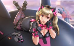 Rule 34 | 1girl, ;d, animal ears, back, bell, black cat d.va, black dress, black gloves, blonde hair, breasts, cat ears, cleavage, commentary request, crossed legs, d.va (overwatch), dress, earrings, fake animal ears, gloves, gun, hand rest, heart, heart earrings, high heels, highres, horiishi horuto, jewelry, jingle bell, legs up, long hair, looking at viewer, lying, medium breasts, meka (overwatch), official alternate costume, on stomach, one eye closed, open mouth, overwatch, overwatch 1, pantyhose, pointing, pointing at viewer, purple pantyhose, revision, smile, solo, twintails, weapon