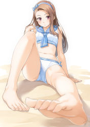 Rule 34 | 1girl, bare shoulders, barefoot, beach, bikini, blurry foreground, blush, bow hairband, breasts, brown hair, closed mouth, full body, hairband, hand in own hair, idolmaster, idolmaster (classic), idolmaster million live!, idolmaster million live! theater days, long hair, looking at viewer, midriff, minase iori, miri (ago550421), navel, red eyes, sailor swimsuit (idolmaster), signature, sitting, sleeveless, small breasts, soles, solo, swimsuit, white bikini
