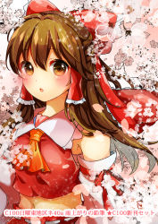 Rule 34 | 1girl, :o, ascot, bow, brown eyes, brown hair, comiket 100, commentary request, detached sleeves, floral background, flower, frilled bow, frilled hair tubes, frills, hair between eyes, hair bow, hair tubes, hakurei reimu, lakestep55, long hair, looking at viewer, navel, orange ascot, pink background, pink flower, promotional art, red bow, red ribbon, red shirt, red skirt, ribbon, ribbon-trimmed skirt, ribbon trim, sarashi, shirt, skirt, sleeve ribbon, sleeveless, sleeveless shirt, solo, touhou