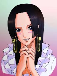 Rule 34 | 1girl, black hair, blue eyes, blush, boa hancock, earrings, female focus, own hands clasped, highres, jewelry, long hair, one piece, own hands together, smile, solo