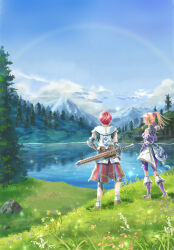 Rule 34 | 1boy, 1girl, adol christin, ake miyamura, axe, blonde hair, blue sky, cloud, commentary request, full body, high ponytail, highres, karja balta, mountain, on grass, outdoors, pond, rainbow, red hair, rock, scenery, short hair, sky, standing, sword, tree, water, weapon, weapon on back, ys, ys x nordics