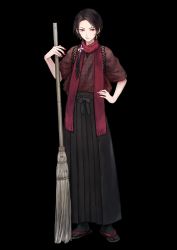 Rule 34 | 10s, 1boy, alternate costume, broom, brown hair, earrings, full body, hakama, hakama skirt, hand on own hip, highres, japanese clothes, jewelry, kashuu kiyomitsu, kimono, kumita (sumica), long hair, looking at viewer, male focus, mole, nail polish, official art, ponytail, red eyes, red nails, red scarf, sandals, scarf, skirt, solo, standing, tabi, touken ranbu, transparent background, unmoving pattern, zouri