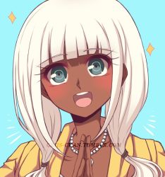 Rule 34 | 1girl, :d, blue background, blunt bangs, collarbone, commentary, criis-chan, danganronpa (series), danganronpa v3: killing harmony, dark-skinned female, dark skin, female focus, green eyes, hair ornament, hair over shoulder, hands up, jacket, jewelry, long hair, looking at viewer, low twintails, lowres, necklace, open mouth, portrait, shell, shell necklace, silver hair, smile, solo, sparkle, teeth, twintails, upper teeth only, yellow jacket, yonaga angie
