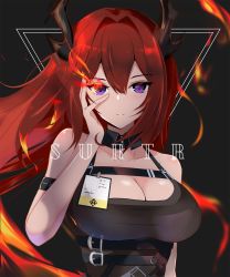 Rule 34 | 1girl, arknights, armband, bare arms, bare shoulders, belt, black background, black belt, black dress, breasts, character name, cleavage, collarbone, commentary request, dress, edelritter, hair between eyes, hair intakes, hand on own face, hand up, highres, horns, infection monitor (arknights), large breasts, long hair, looking at viewer, purple eyes, red hair, sleeveless, sleeveless dress, solo, surtr (arknights), upper body