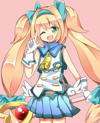 Rule 34 | 1girl, ;), bad id, bad pixiv id, bell, blazblue, blonde hair, bow, gloves, green eyes, hair bow, hairband, heart, heart-shaped pupils, highres, long hair, muchourin, one eye closed, platinum the trinity, pleated skirt, quad tails, ribbon, skirt, smile, solo, symbol-shaped pupils, tantan men (dragon), twintails, white gloves, wink