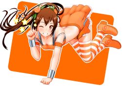 Rule 34 | 1girl, ;), arancia, brown eyes, brown hair, food, fruit, grin, hair ornament, nanahime, one eye closed, orange (fruit), orange skirt, original, outline, paw pose, skirt, smile, solo, star (symbol), striped clothes, striped thighhighs, thighhighs, twintails, wink