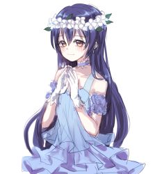 Rule 34 | 10s, 1girl, bad id, bad pixiv id, blue dress, blue hair, blush, choker, dress, gloves, head wreath, isamu (gaioo0303), long hair, looking at viewer, love live!, love live! school idol project, simple background, sketch, smile, solo, sonoda umi, white background, white gloves, yellow eyes, yume no tobira