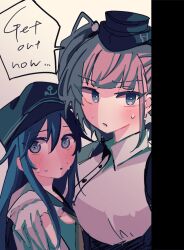 Rule 34 | 2girls, @ @, akatsuki (kancolle), anchor symbol, atlanta (kancolle), black headwear, blue eyes, blush, brown hair, buttons, closed mouth, collared shirt, earrings, english text, flat cap, garrison cap, hair between eyes, hat, highres, implied yuri, jewelry, kantai collection, long hair, multiple girls, open mouth, purple eyes, purple hair, samekun (samekun s), shirt, single earring, speech bubble, star (symbol), star earrings, two side up, white shirt