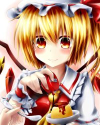 Rule 34 | 1girl, akaikonomi, bad id, bad pixiv id, blonde hair, blush, colored shadow, flandre scarlet, food, hat, hat ribbon, highres, looking at viewer, mob cap, name connection, object namesake, pov, pudding, red eyes, ribbon, shadow, short hair, short sleeves, side ponytail, simple background, smile, solo, soy sauce, spoon, syrup, touhou, upper body, white hat, wings, wrist cuffs, you&#039;re doing it wrong