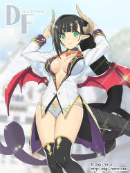 Rule 34 | 1girl, arms up, black choker, black hair, black thighhighs, blue panties, blunt bangs, blurry, blurry background, blush, breasts, bright pupils, choker, cleavage, closed mouth, commentary request, copyright request, demon horns, demon tail, demon wings, feet out of frame, heart, heart choker, highres, horns, jacket, kimura shigetaka, large breasts, long hair, long sleeves, looking at viewer, mole, mole under mouth, no bra, no pants, panties, pink wings, pointy ears, single sidelock, skindentation, smile, solo, sparkle, standing, tail, thighhighs, thighs, underwear, very long hair, white jacket, wings