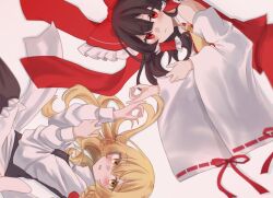 Rule 34 | 2girls, ascot, bare shoulders, black vest, blonde hair, blush, bow, braid, brown hair, closed mouth, commentary request, detached sleeves, frilled bow, frilled hair tubes, frills, frown, hair bow, hair spread out, hair tubes, hakurei reimu, hands up, highres, karasu2020 8, kirisame marisa, light smile, long hair, long sleeves, looking at viewer, lying, milestone celebration, multiple girls, no headwear, nontraditional miko, ok sign, on side, pinky out, red bow, red eyes, red shirt, ribbon-trimmed sleeves, ribbon trim, shirt, sidelocks, simple background, single braid, sleeveless, sleeveless shirt, touhou, upper body, vest, white background, white shirt, wide sleeves, yellow ascot, yellow eyes