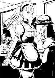Rule 34 | 1girl, apron, bad id, bad twitter id, breasts, bridal garter, cleavage, closed mouth, commentary request, copyright request, fingernails, greyscale, holding, holding tray, large breasts, long hair, maid, maid apron, maid headdress, monochrome, nanahime, puffy short sleeves, puffy sleeves, rabbit, short sleeves, skirt, smile, solo, tray, twintails, waitress, wrist cuffs