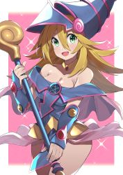 Rule 34 | 1girl, :d, absurdres, bare legs, bare shoulders, blonde hair, blue dress, blue hat, blush, bracer, breasts, cleavage, dark magician girl, dress, duel monster, female focus, fingernails, green eyes, hair between eyes, happy, hat, highres, holding, holding staff, huge filesize, jewelry, kameno sachi, large breasts, legs, long hair, looking at viewer, nail polish, neck, necklace, off-shoulder dress, off shoulder, open mouth, pentacle, pink background, pink nails, smile, solo, sparkle, staff, standing, wizard hat, yu-gi-oh!, yu-gi-oh! duel monsters