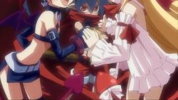 Rule 34 | 1boy, 2girls, animated, blonde hair, blowing kiss, blue hair, bra, demon girl, demon tail, disgaea, disgaea 3, dress, etna (disgaea), fang, flonne, flonne (fallen angel), heart, holding hands, laharl, long hair, looking at viewer, multiple girls, navel, nippon ichi, one eye closed, pointy ears, red eyes, red hair, skirt, smile, sound, tail, twintails, underwear, video, wink
