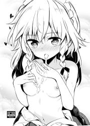 Rule 34 | 1girl, blush, braid, breasts, clothes pull, collarbone, commentary request, cum, cum in mouth, cum on body, cum on breasts, cum on upper body, greyscale, hair between eyes, hair ribbon, hands up, heart, heart-shaped pupils, izayoi sakuya, lace trim, long hair, looking at viewer, maid headdress, maturiuta sorato, monochrome, navel, nipples, nose blush, open mouth, ribbon, shirt pull, small breasts, solo, stomach, symbol-shaped pupils, topless, touhou, twin braids, upper body