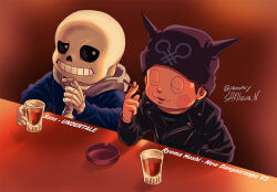 Rule 34 | 2boys, alcohol, animal ear headwear, animal ears, artist name, ashtray, bar (place), beanie, beer, beer mug, between fingers, black headwear, black jacket, black sclera, black shirt, black sleeves, blue jacket, blue shirt, blue sleeves, blurry, blurry background, blush stickers, bright pupils, brown hair, buttons, cat ears, character name, cigarette, closed eyes, coattails, collared jacket, colored sclera, commentary request, copyright name, crossover, cup, danganronpa (series), danganronpa v3: killing harmony, drink, fake animal ears, grey hood, grin, hand in pocket, hat, holding, holding cigarette, holding drink, hood, hood down, hooded jacket, hoshi ryoma, indoors, jacket, leather, leather jacket, long sleeves, looking at another, male focus, mug, multiple boys, nabeya sakihana, parted lips, pocket, sans (undertale), shirt, short hair, skeleton, smile, striped clothes, striped shirt, talking, twitter username, two-tone shirt, undertale, upper body, very short hair, white pupils, white shirt, zipper, zipper pull tab